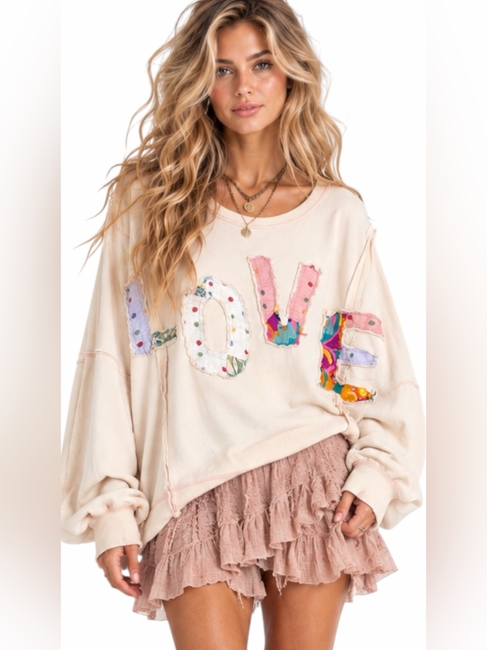 Easel – Love Patch Washed Terry Knit Pullover Oversized Pullover Cream – Sz. 1X